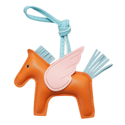 Orange PU Leather Pegasus Keychain – Cute Flying Horse Pendant with Wings and Rope, 3-Pack.
