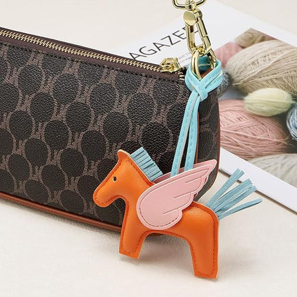 Orange PU Leather Pegasus Keychain – Cute Flying Horse Pendant with Wings and Rope, 3-Pack.