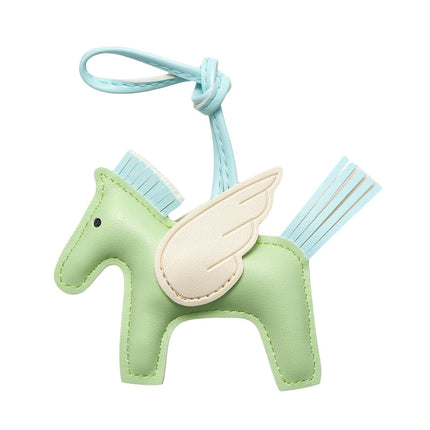 Green PU Leather Pegasus Keychain – Cute Flying Horse Pendant with Wings and Rope, 3-Pack.