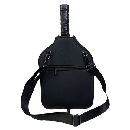 Black Neoprene Pickleball Paddle Cover – Waterproof Side Pocket Design, Shoulder Bag Style.
