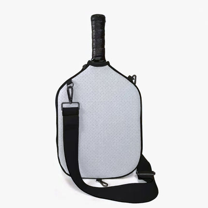 Grey Neoprene Pickleball Paddle Cover – Waterproof Side Pocket Design, Shoulder Bag Style.