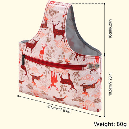 Pink Knitting Storage Tote Bag – Deer Pattern Craft Organizer with Zippered Pockets.