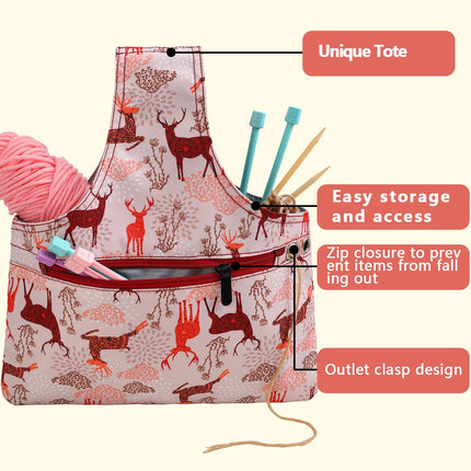 Pink Knitting Storage Tote Bag – Deer Pattern Craft Organizer with Zippered Pockets.