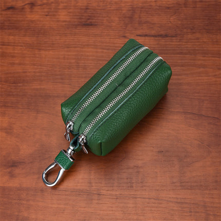 Green High-Quality Genuine Leather Key Case – Double-Layer Zippered Organizer for Keys, Cards & Coins.