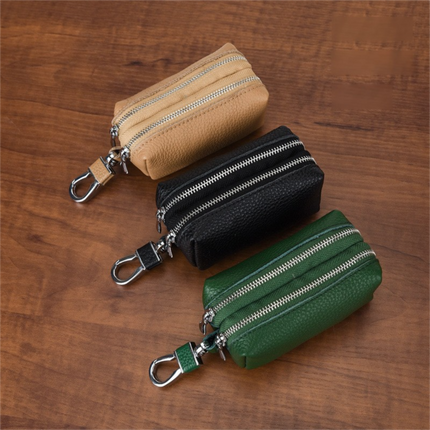 Green High-Quality Genuine Leather Key Case – Double-Layer Zippered Organizer for Keys, Cards & Coins.
