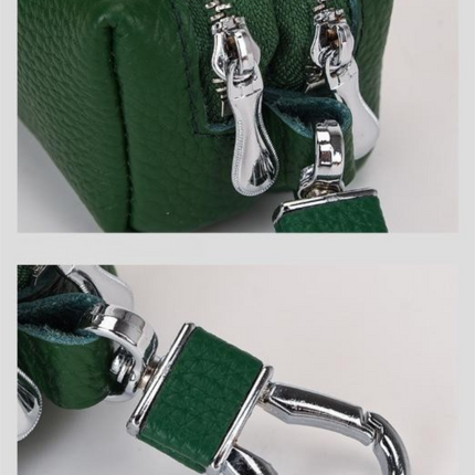 Green High-Quality Genuine Leather Key Case – Double-Layer Zippered Organizer for Keys, Cards & Coins.