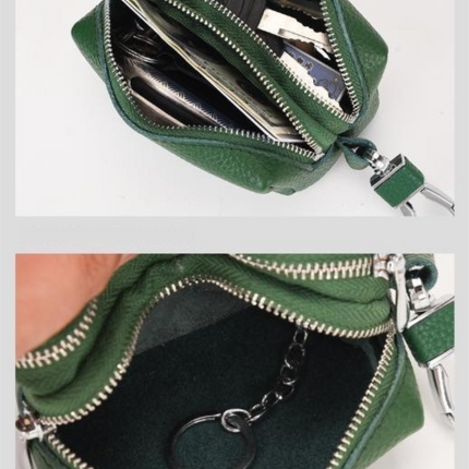 Green High-Quality Genuine Leather Key Case – Double-Layer Zippered Organizer for Keys, Cards & Coins.