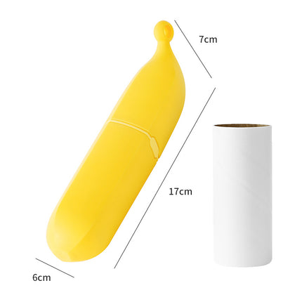 Yellow Multifunctional Banana-Shaped Lint Remover – Portable Sticky Hair Cleaner with 6 Replaceable Rolls.