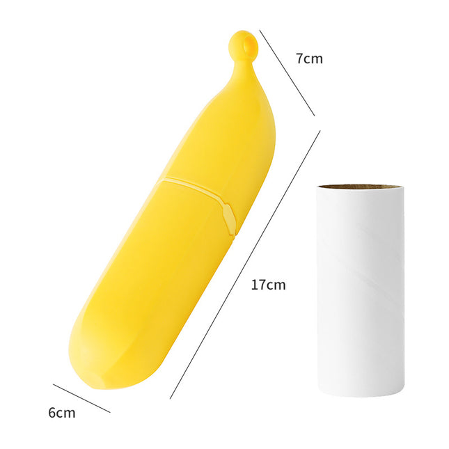 Yellow Multifunctional Banana-Shaped Lint Remover – Portable Sticky Hair Cleaner with 6 Replaceable Rolls.