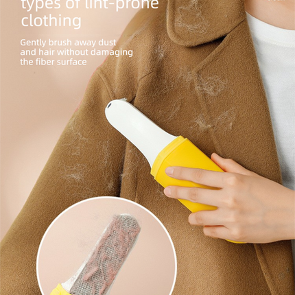 Yellow Multifunctional Banana-Shaped Lint Remover – Portable Sticky Hair Cleaner with 6 Replaceable Rolls.