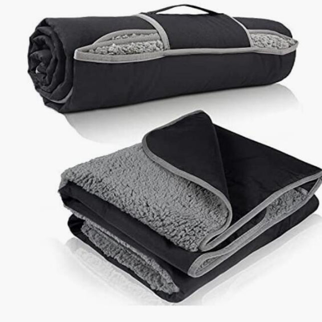 Black and Grey 3-Layer Waterproof Outdoor Blanket – Portable, All-Weather Picnic & Camping Mat with Storage Pocket.