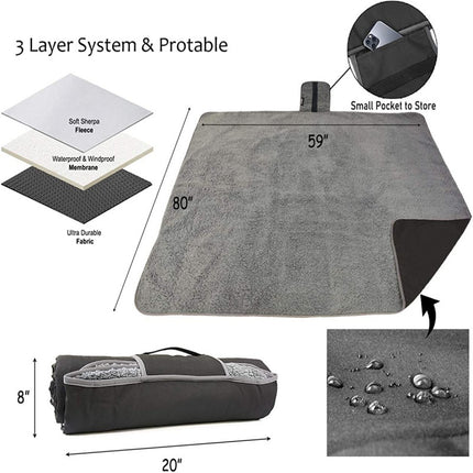 Black and Grey 3-Layer Waterproof Outdoor Blanket – Portable, All-Weather Picnic & Camping Mat with Storage Pocket.