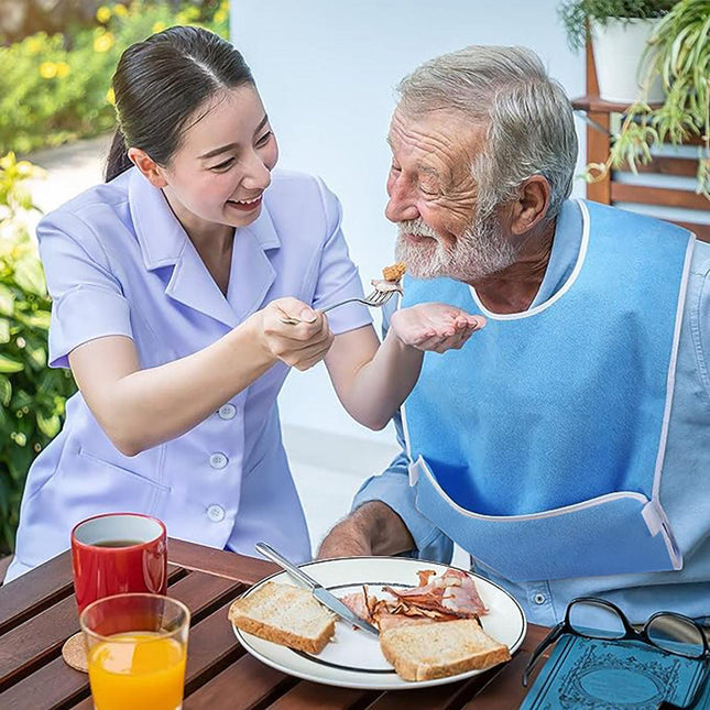 Blue Anti-Stain Feeding Apron with Pocket – Adjustable Care Bib for Elderly & Disabled Adults (2-Pack).