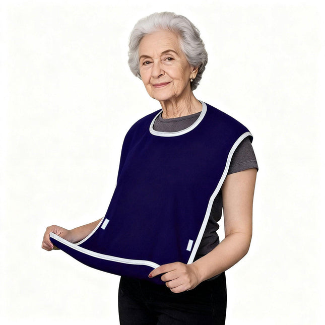 Dark Blue Anti-Stain Feeding Apron with Pocket – Adjustable Care Bib for Elderly & Disabled Adults (2-Pack).