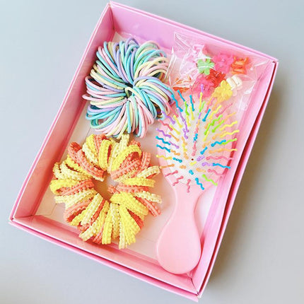 Style 2 Boxed Hair Tie Set with Pink Rubber Bands, Cute Hair Accessories & Mini Comb – Perfect Gift for Girls.