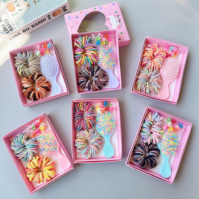Style 6 Boxed Hair Tie Set with Pink Rubber Bands, Cute Hair Accessories & Mini Comb – Perfect Gift for Girls.