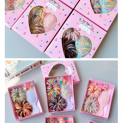 Style 6 Boxed Hair Tie Set with Pink Rubber Bands, Cute Hair Accessories & Mini Comb – Perfect Gift for Girls.