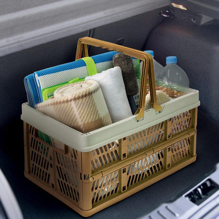 Large Collapsible Storage Basket with Handles - Portable Folding Crate for Shopping, Picnics & Car Trunk(Brown ).