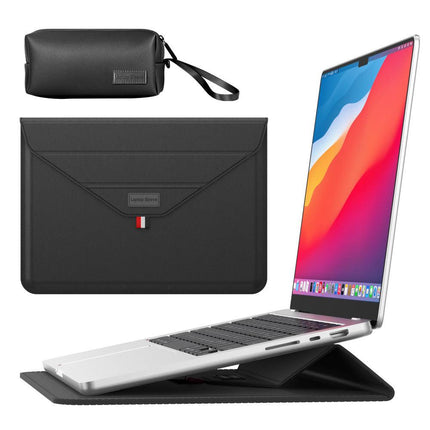 3-in-1 PU Leather Laptop Sleeve with Stand & Mouse Pad + Accessory Pouch(black).