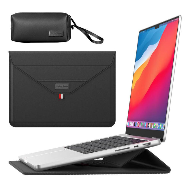 3-in-1 PU Leather Laptop Sleeve with Stand & Mouse Pad + Accessory Pouch(black).