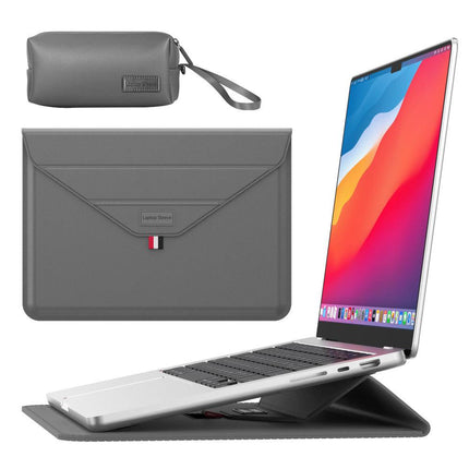 3-in-1 PU Leather Laptop Sleeve with Stand & Mouse Pad + Accessory Pouch(Gray).