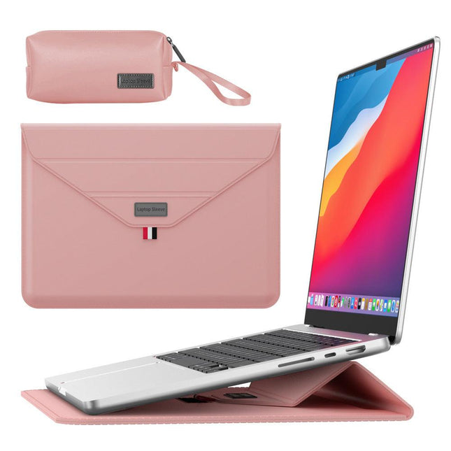 3-in-1 PU Leather Laptop Sleeve with Stand & Mouse Pad + Accessory Pouch(Rose Gold).