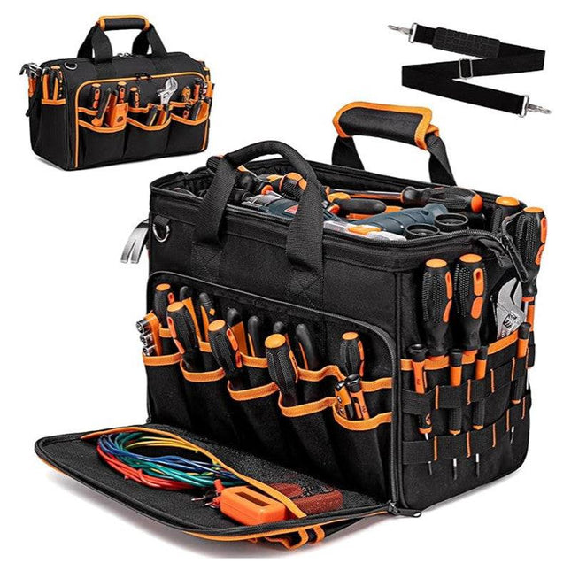 Heavy-Duty 17-Inch Tool Bag with 46 Pockets, Waterproof Base & Shoulder Strap(Black Orange).