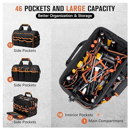 Heavy-Duty 17-Inch Tool Bag with 46 Pockets, Waterproof Base & Shoulder Strap(Black Orange).