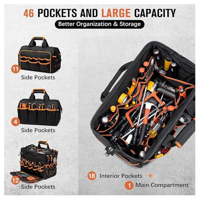 Heavy-Duty 17-Inch Tool Bag with 46 Pockets, Waterproof Base & Shoulder Strap(Black Orange).