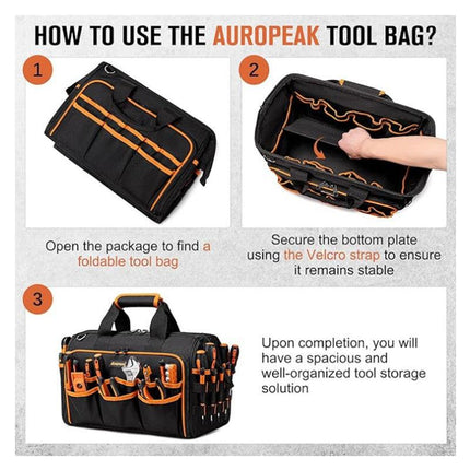 Heavy-Duty 17-Inch Tool Bag with 46 Pockets, Waterproof Base & Shoulder Strap(Black Orange).