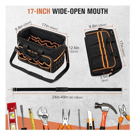 Heavy-Duty 17-Inch Tool Bag with 46 Pockets, Waterproof Base & Shoulder Strap(Black Orange).