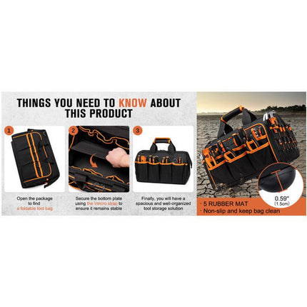 Heavy-Duty 17-Inch Tool Bag with 46 Pockets, Waterproof Base & Shoulder Strap(Black Orange).