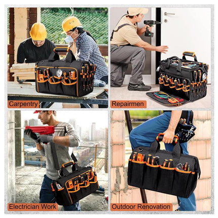 Heavy-Duty 17-Inch Tool Bag with 46 Pockets, Waterproof Base & Shoulder Strap(Black Orange).