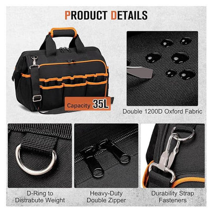 Heavy-Duty 17-Inch Tool Bag with 46 Pockets, Waterproof Base & Shoulder Strap(Black Orange).