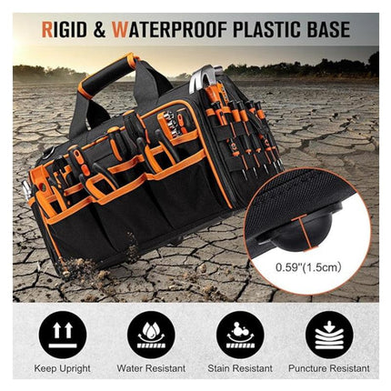Heavy-Duty 17-Inch Tool Bag with 46 Pockets, Waterproof Base & Shoulder Strap(Black Orange).