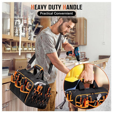 Heavy-Duty 17-Inch Tool Bag with 46 Pockets, Waterproof Base & Shoulder Strap(Black Orange).
