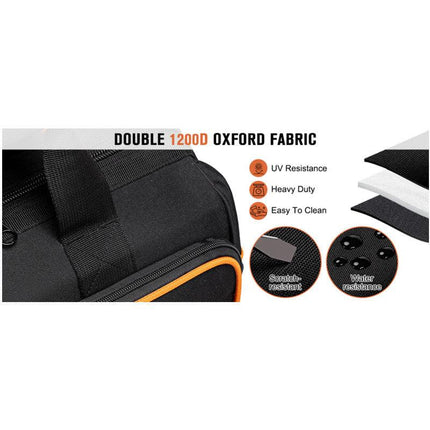 Heavy-Duty 17-Inch Tool Bag with 46 Pockets, Waterproof Base & Shoulder Strap(Black Orange).