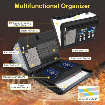Fireproof & Waterproof Expanding File Folder Organizer with Zipper - Large Capacity Document Safe Bag(Black no-handle model).