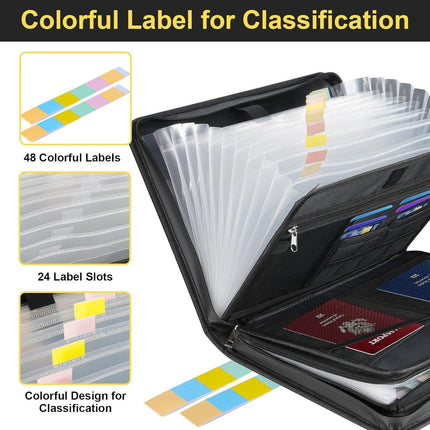 Fireproof & Waterproof Expanding File Folder Organizer with Zipper - Large Capacity Document Safe Bag(Black no-handle model).