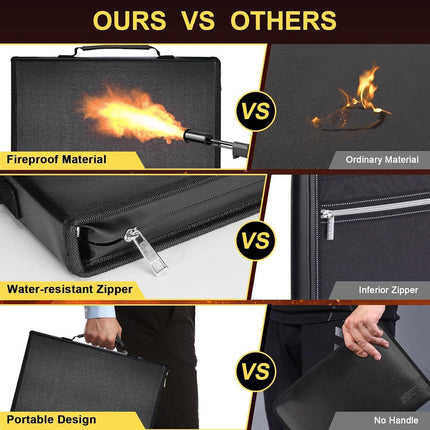 Fireproof & Waterproof Expanding File Folder Organizer with Zipper - Large Capacity Document Safe Bag(Black no-handle model).