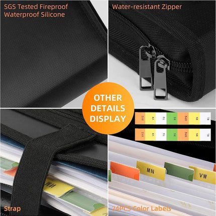 Fireproof & Waterproof Expanding File Folder Organizer with Zipper - Large Capacity Document Safe Bag(Black no-handle model).