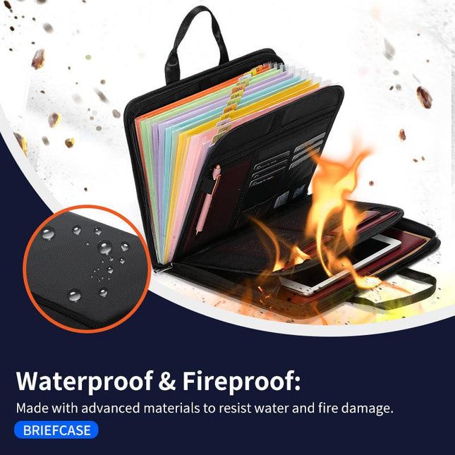 Fireproof & Waterproof Expanding File Folder Organizer with Zipper - Large Capacity Document Safe Bag(Black with handle model).