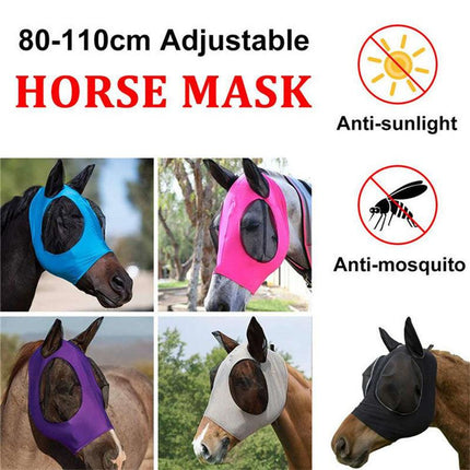 Purple 2-PCS Breathable Horse Fly Mask Set - Equestrian Fly Veils with Ears for Insect Control and Comfort.