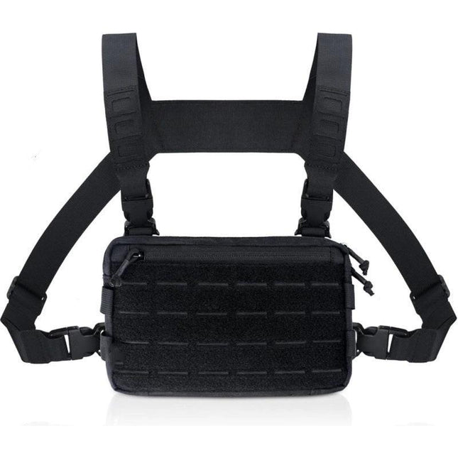 Black Minimalist Tactical Chest Rig - Lightweight Recon Pouch with Laser-Cut MOLLE & Quick-Release Buckles.