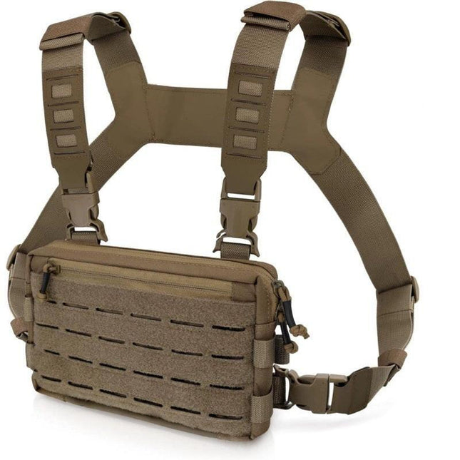 Khaki Minimalist Tactical Chest Rig - Lightweight Recon Pouch with Laser-Cut MOLLE & Quick-Release Buckles.