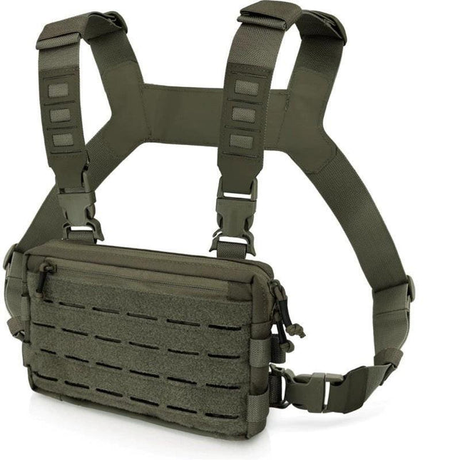 Green Minimalist Tactical Chest Rig - Lightweight Recon Pouch with Laser-Cut MOLLE & Quick-Release Buckles.