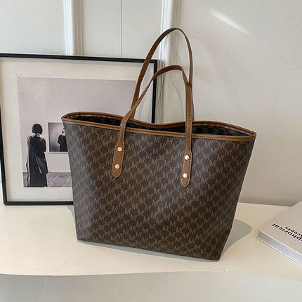 Coffee Chic Monogram Print Tote Bag - Large Capacity Shoulder Handbag for Work & Commuting.
