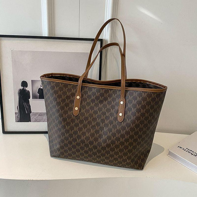 Coffee Chic Monogram Print Tote Bag - Large Capacity Shoulder Handbag for Work & Commuting.