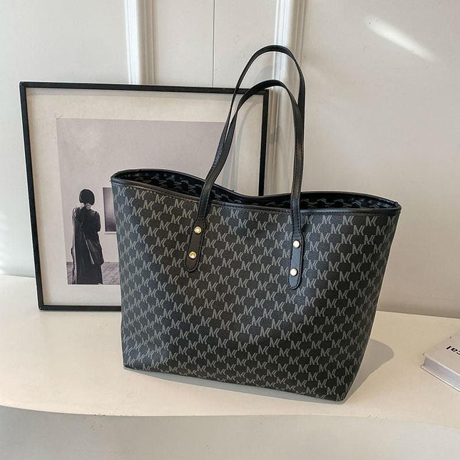 Black Chic Monogram Print Tote Bag - Large Capacity Shoulder Handbag for Work & Commuting.
