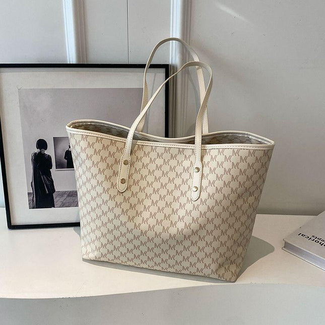 Beige Chic Monogram Print Tote Bag - Large Capacity Shoulder Handbag for Work & Commuting.